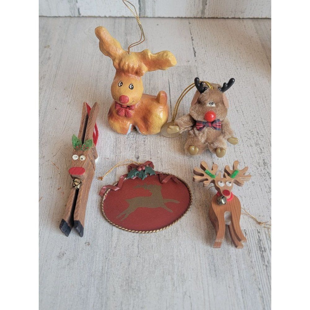 Vintage Rudolph figure reindeer ornament‎ Bell Xmas unique set